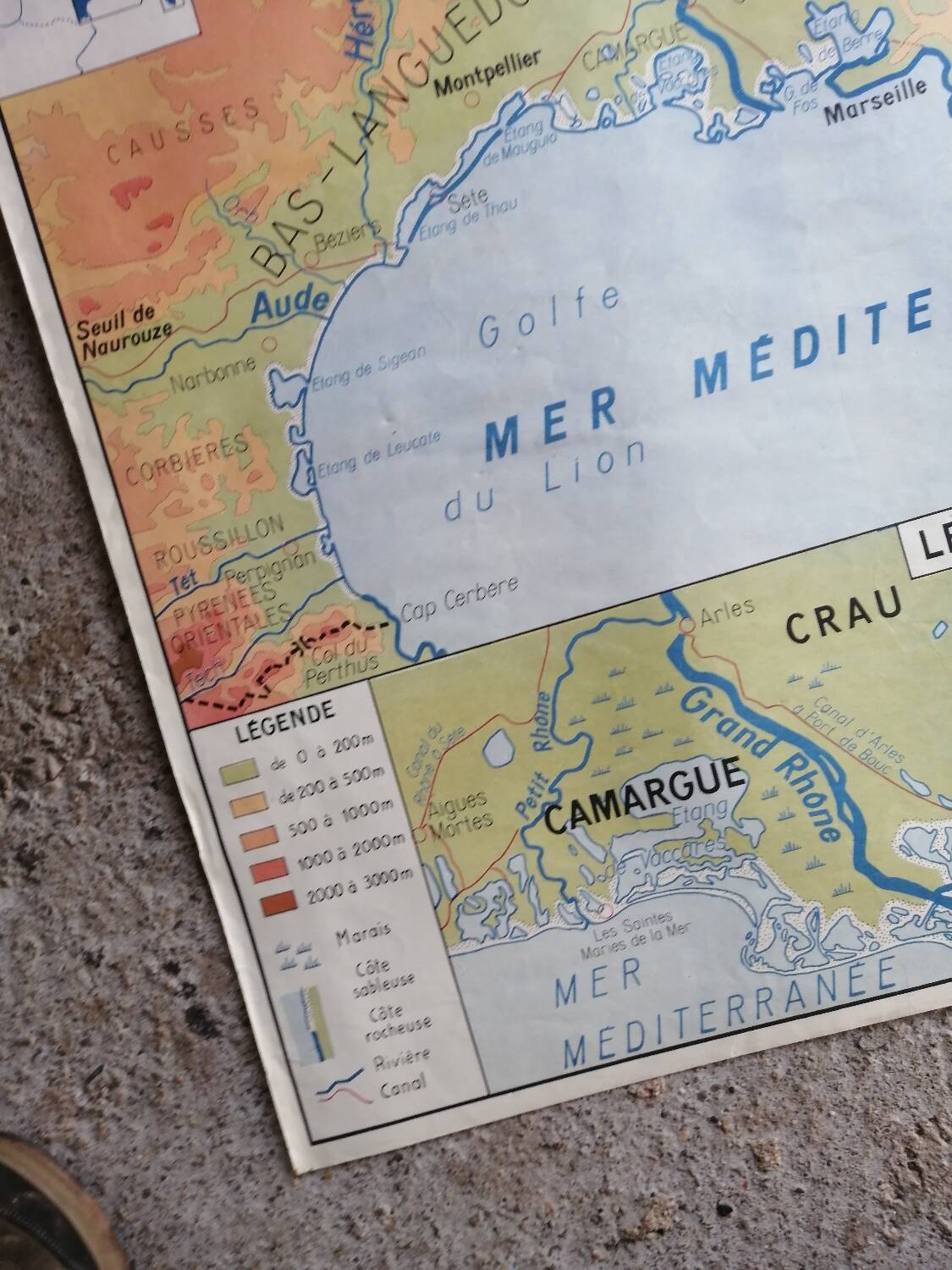 Vintage school map of France, Mediterranean, Corsica, Massif Central