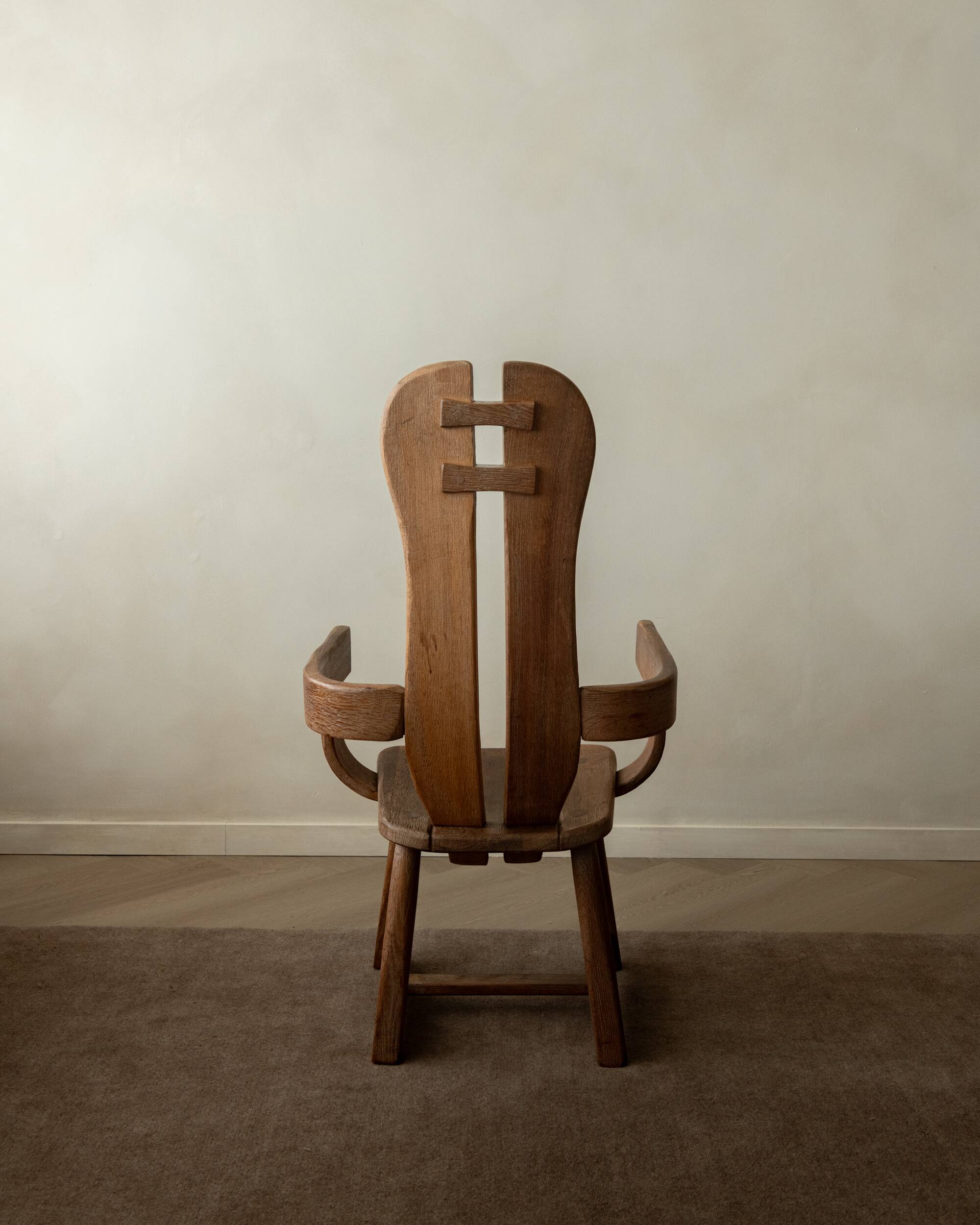 Brutalist Oak Armchair with Sculptural High Back by De Puydt, 1960s