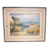 Huile sur toile d’un bateau sur l’estran signée Yann 55X45