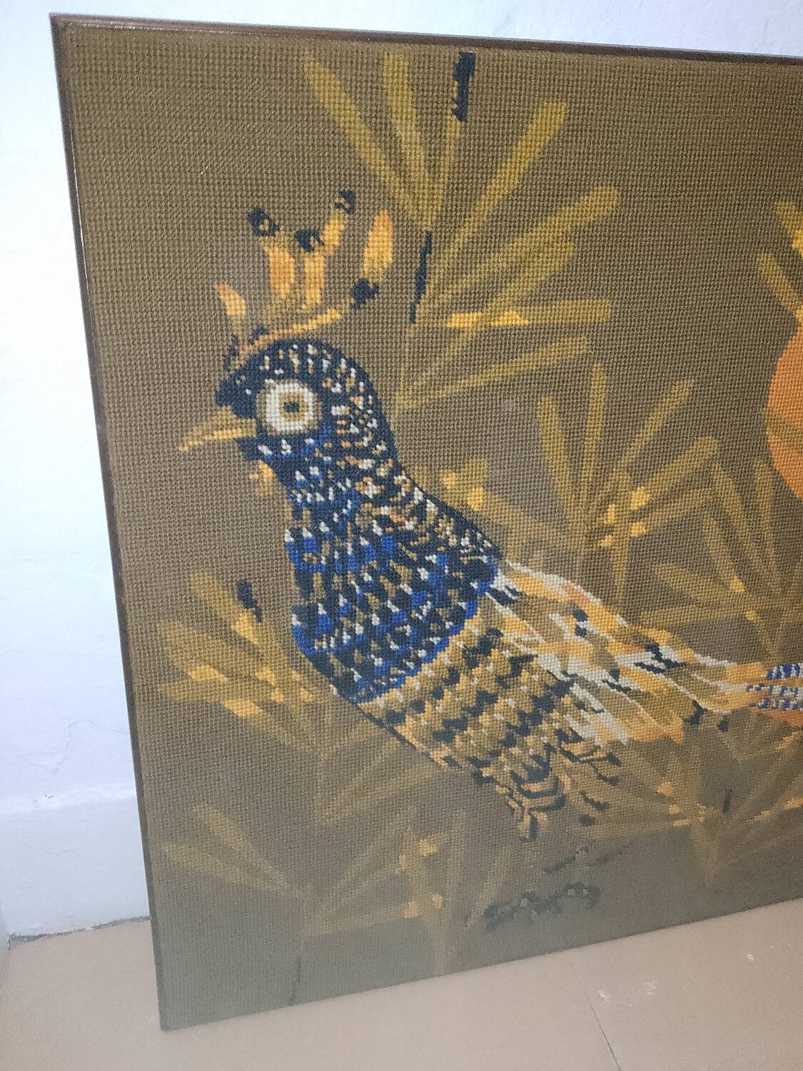Blue Pheasant Cubist Tapestry Wool Artist René Fumeron Painting France vintage 1970's