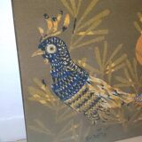 Faisan bleu Cubiste Tapisserie Laine Artiste René Fumeron Tableau France vintage 1970's