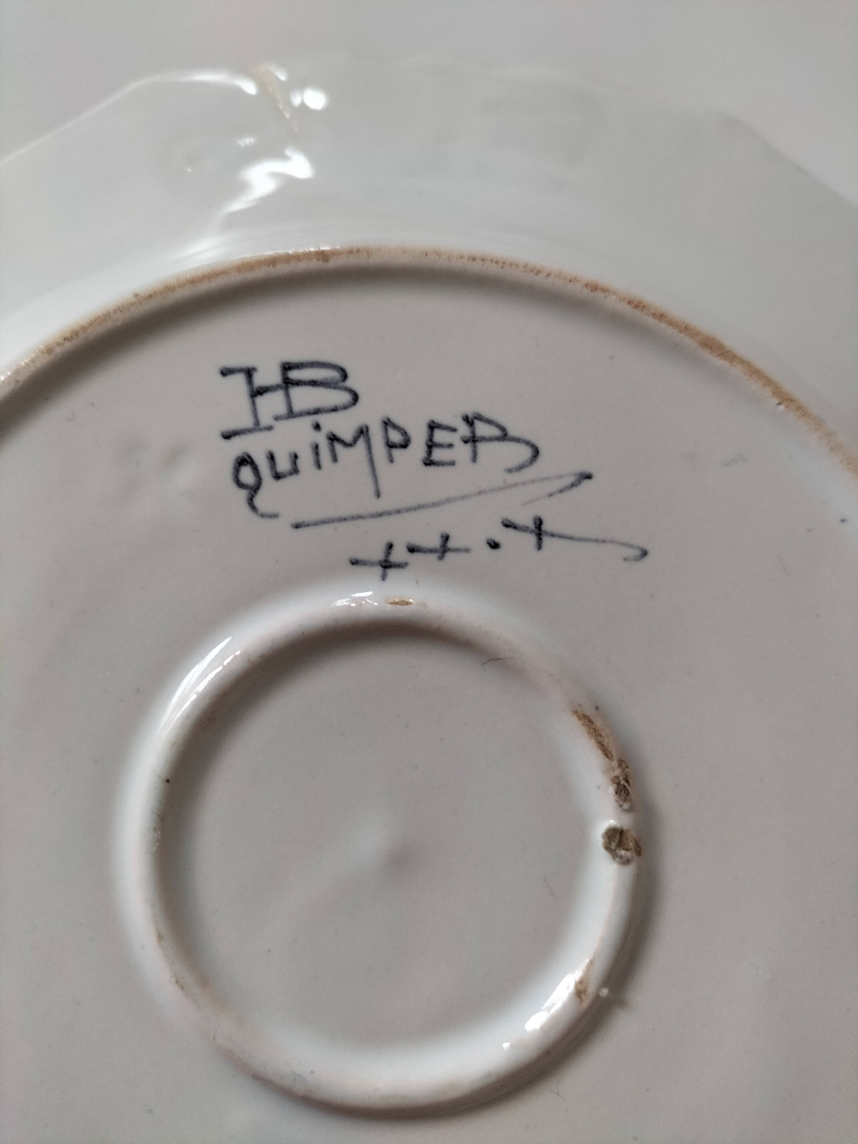 HB Quimper octagonal butter dish, hand-painted graphic design.