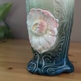 Gustav de Bruyn Fives Art Nouveau Floral Vase Green Pink Barbotine 20cm Numbered