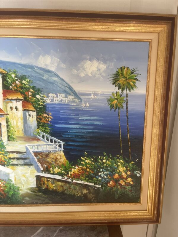 Ancien Tableau Peinture Huile Cadre Doré Provence Méditerranée Italie