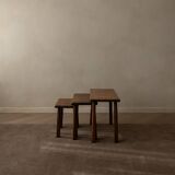 Vintage Oak Nesting Tables (Set of 3) – Rustic Modernist Side Tables, 1970s