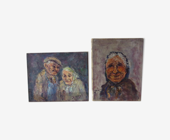 Lot de 2 huiles sur toile originales " nos anciens " Julien Duriez 1900/1993