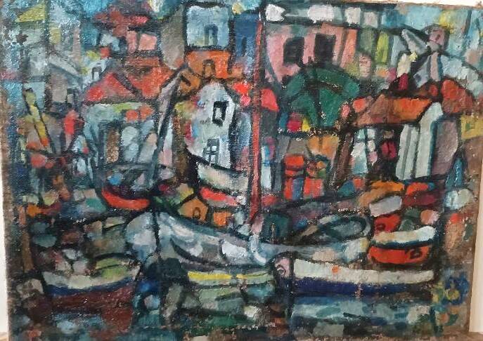Oil on canvas by Ferruccio Ferri - 1953 - "Boats of Syracuse" expressionist period of Syracuse.