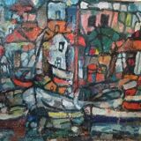 Oil on canvas by Ferruccio Ferri - 1953 - "Boats of Syracuse" expressionist period of Syracuse.
