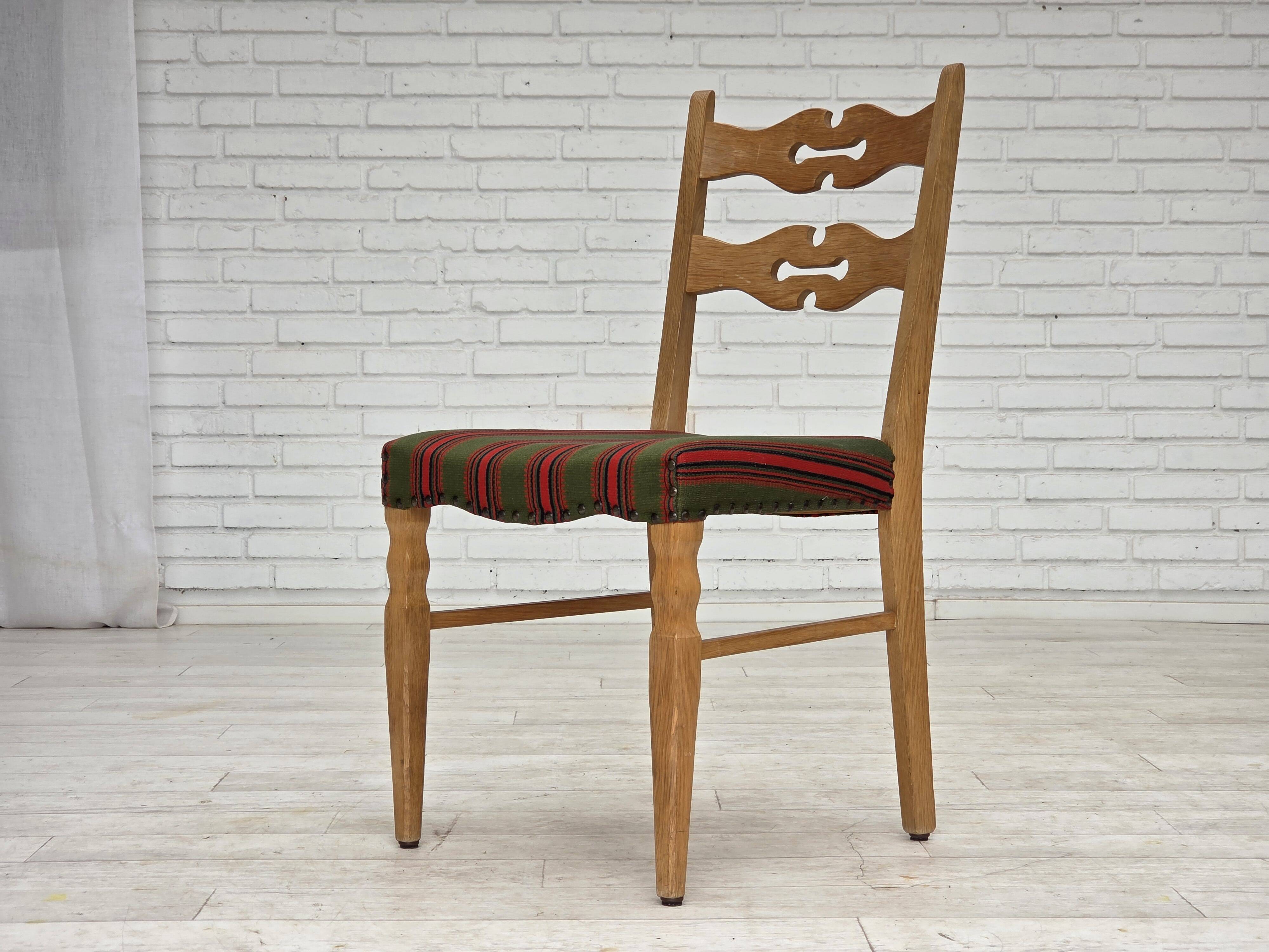 1970s, set of 2 Danish dining chairs, furniture wool, solid oak wood.
