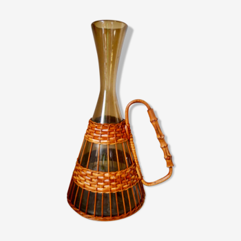 Smoked glass vase and wicker 1960