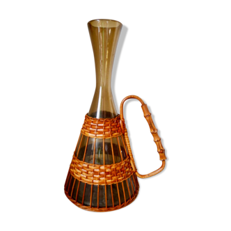 Smoked glass vase and wicker 1960