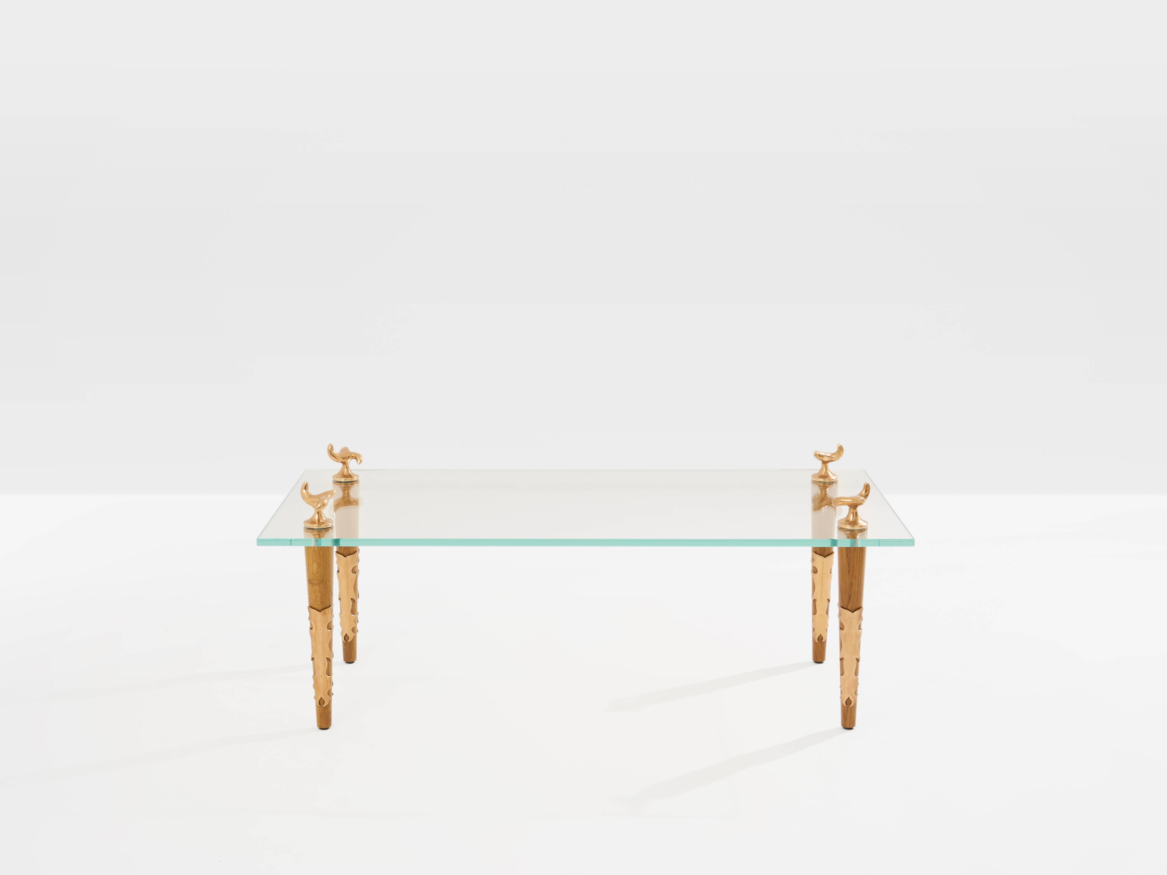 Table basse chêne bronze verre signée Garouste & Bonetti 1995