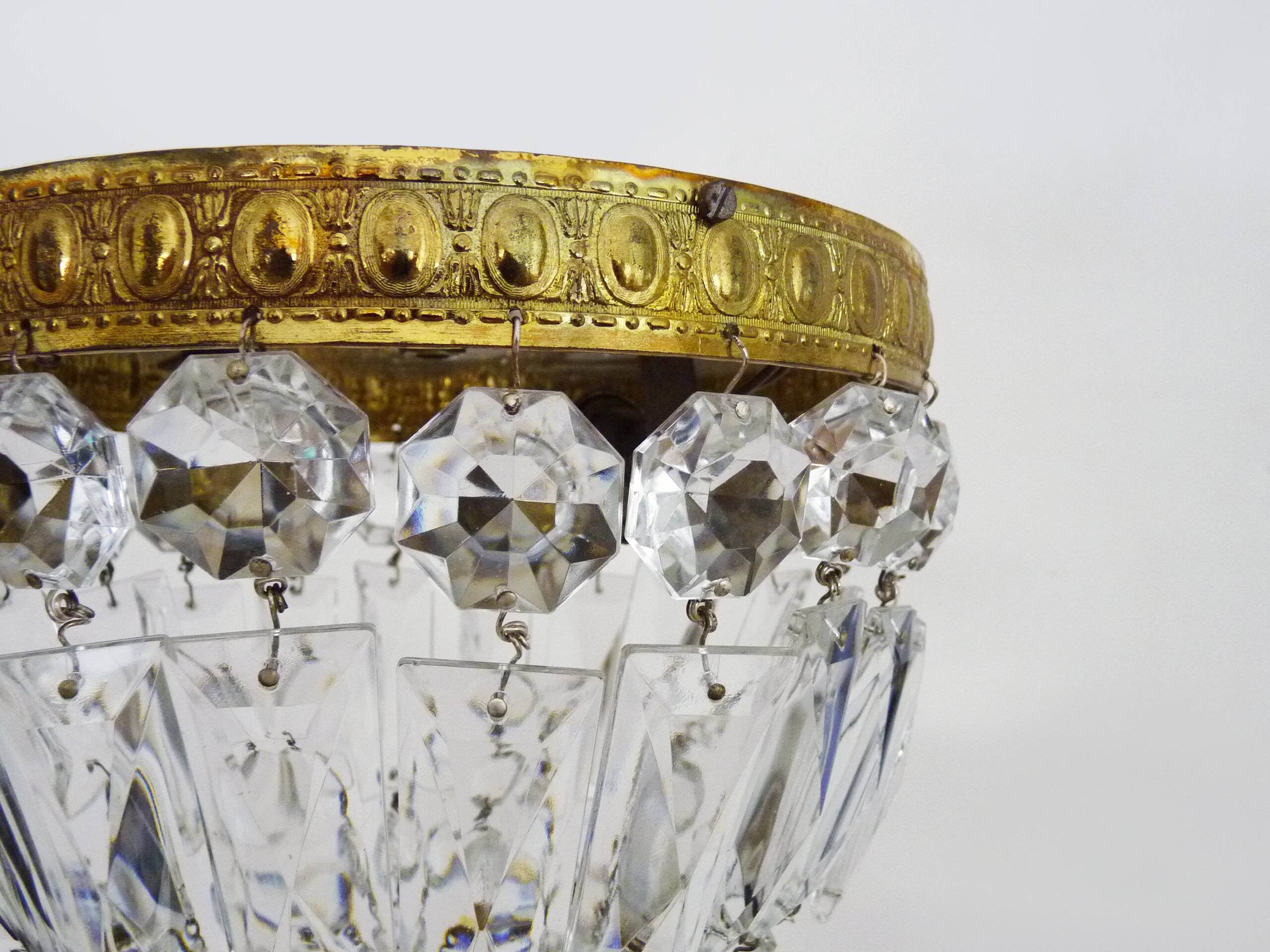 Old crown ceiling light with 2 bulbs, half basket with glass pendants.