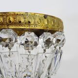 Old crown ceiling light with 2 bulbs, half basket with glass pendants.