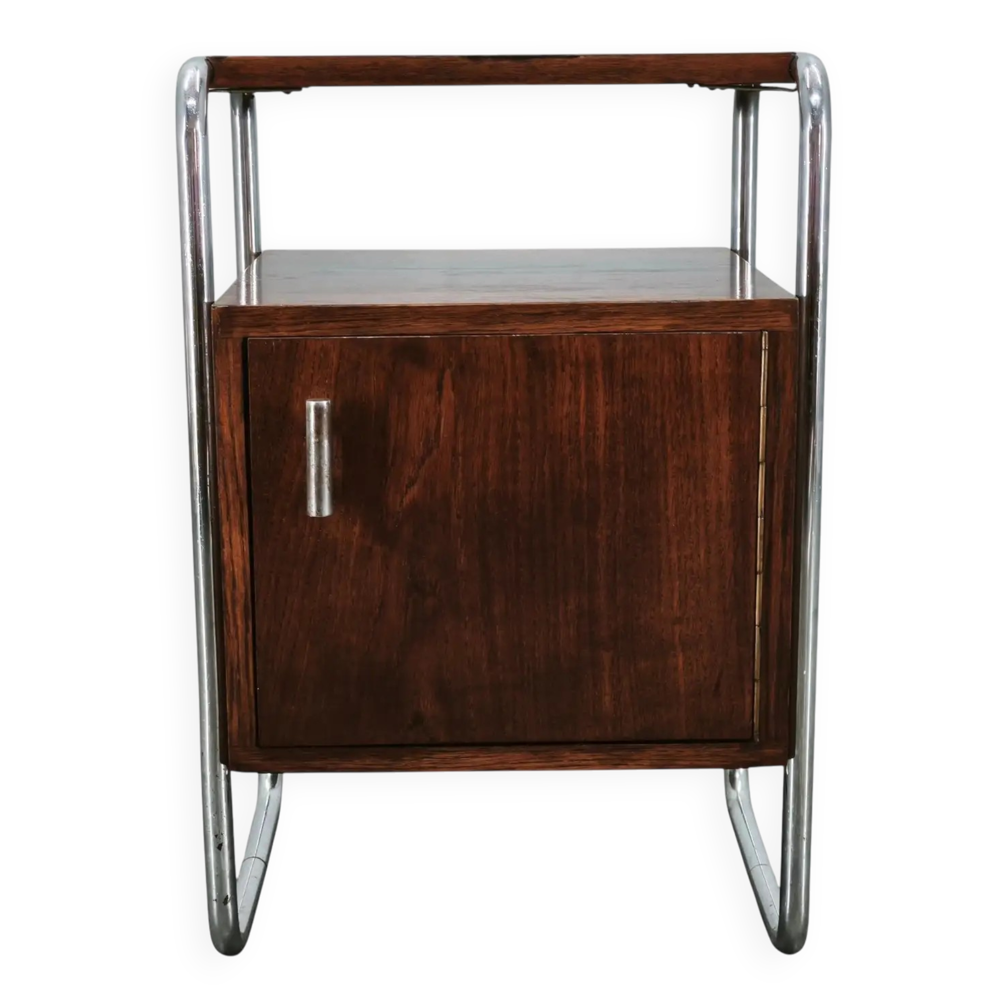 Bauhaus Oak and Chrome Tubular Nightstand, Czechoslovakia 1940s