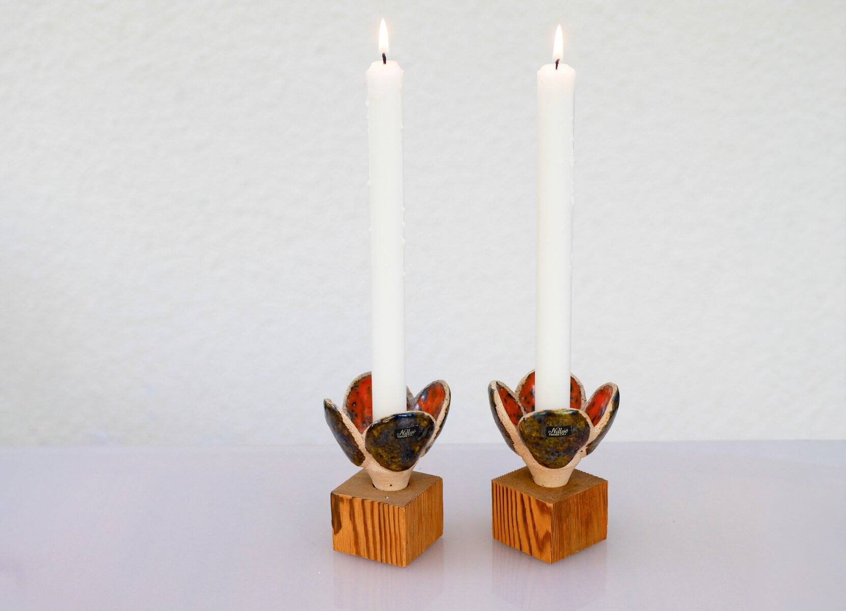 Bougeoirs en céramique et en bois de Nittsjö, Suède, années 1970, ensemble de 2