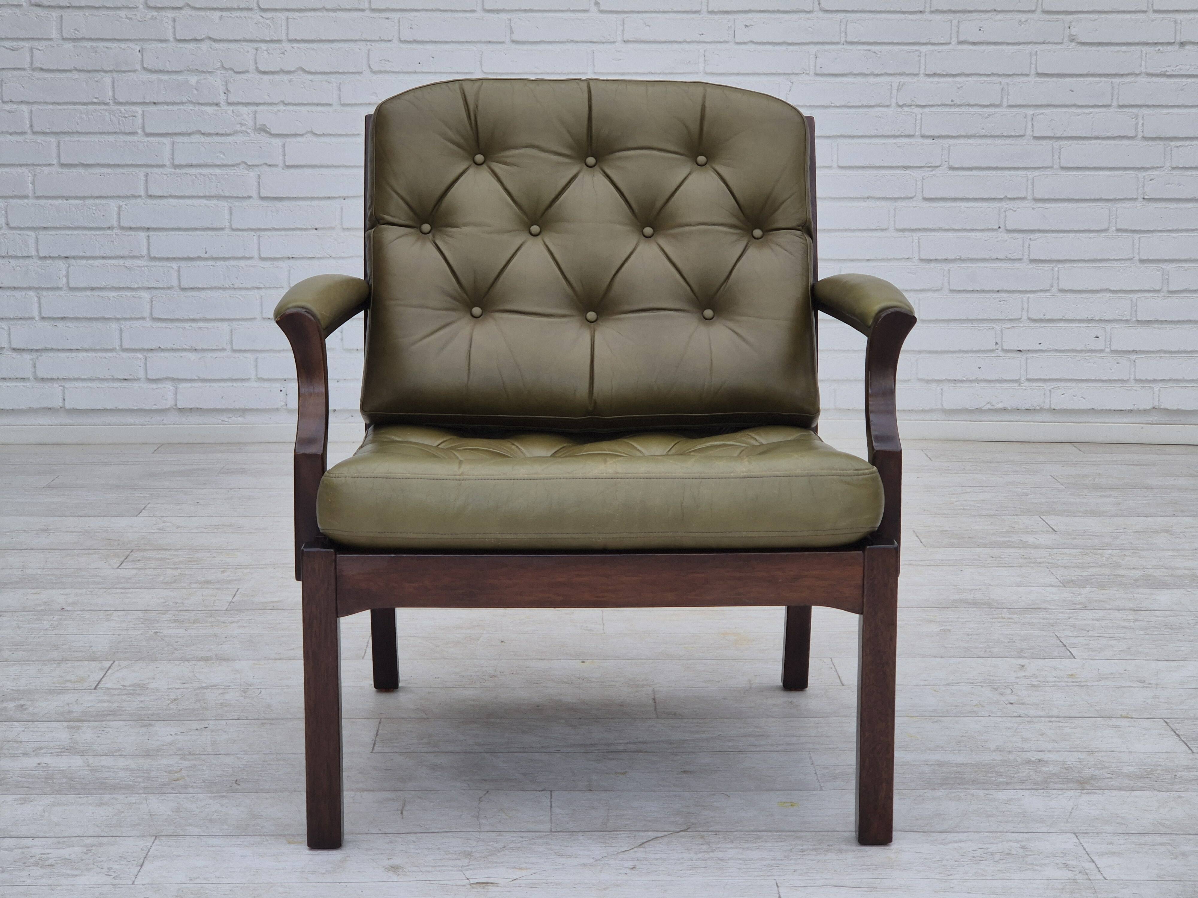 1970s, Scandinavian armchair, original condition,reen furniture leather, solid teak wood.