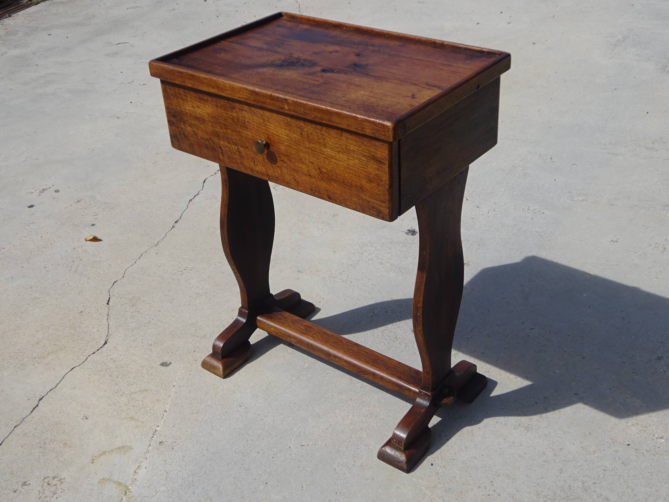 Bolster or end table with drawer, patina