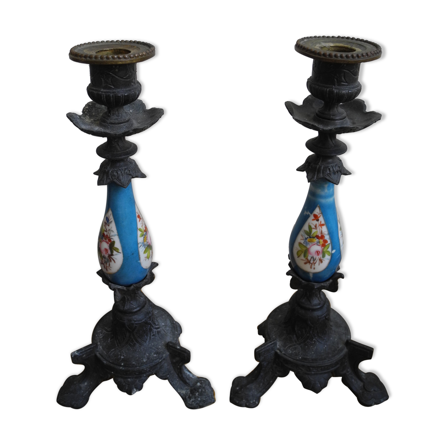 pair old candlesticks tin porcelain old french candlesticks