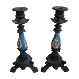 pair old candlesticks tin porcelain old french candlesticks