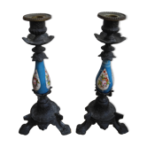 paire bougeoirs anciens étain porcelaine old french candlesticks