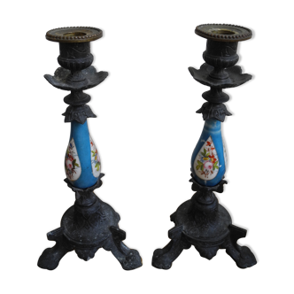 pair old candlesticks tin porcelain old french candlesticks