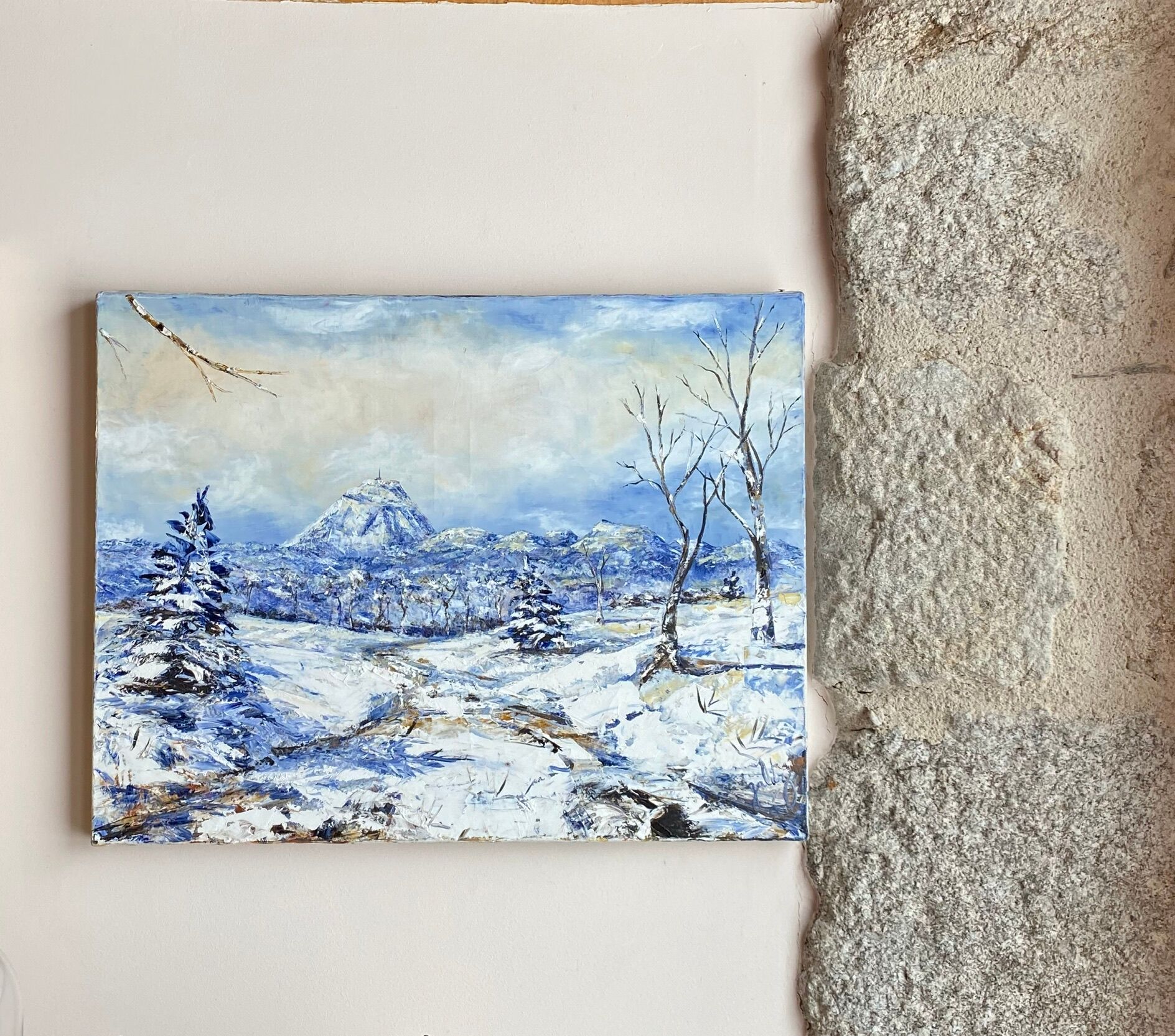 Ancient painting, winter landscape in Auvergne, signed, 20th century