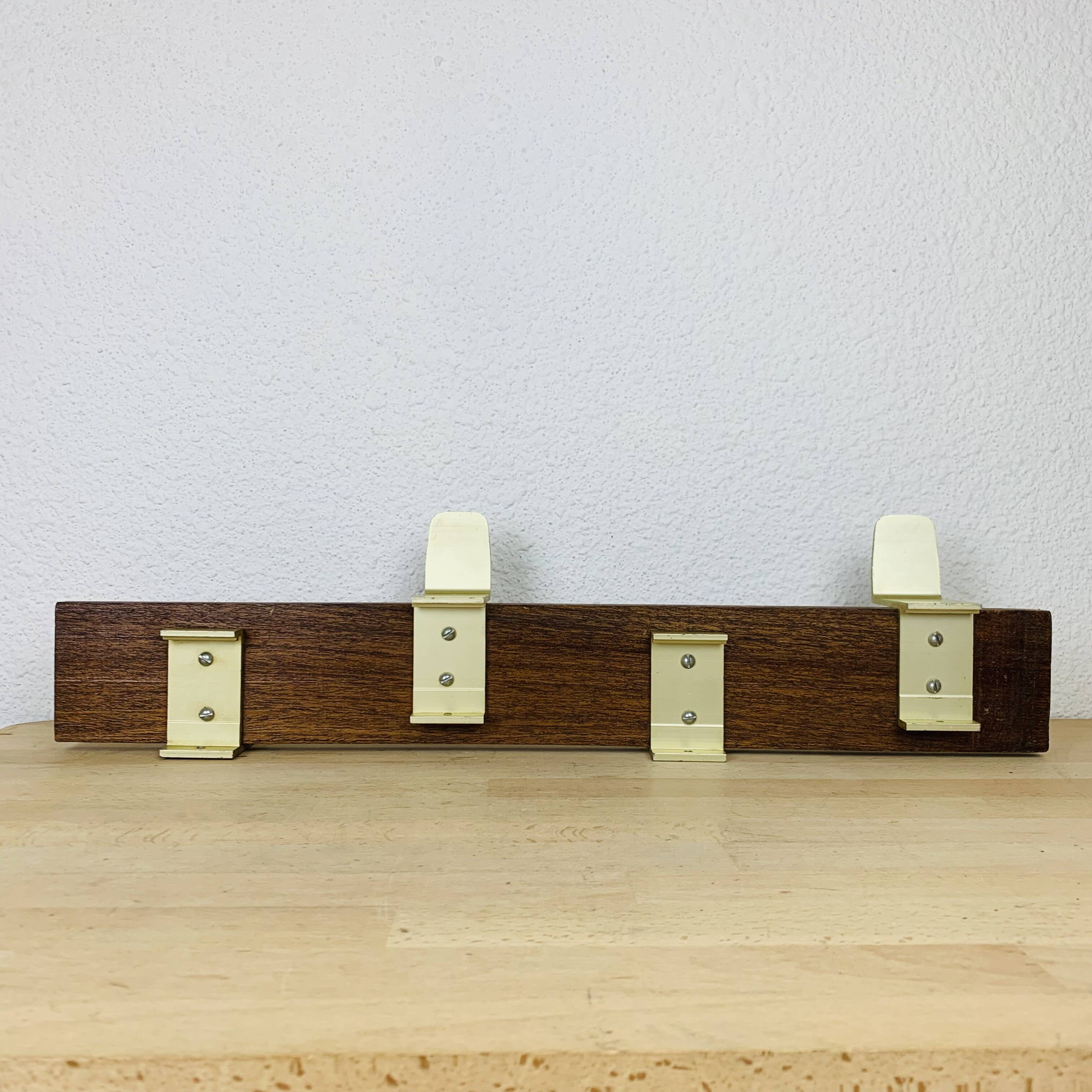Scandinavian teak wall coat rack with 4 gold hooks, 1960s