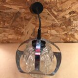 Old atomic age pendant lamp chromed metal & molded glass 70's vintage