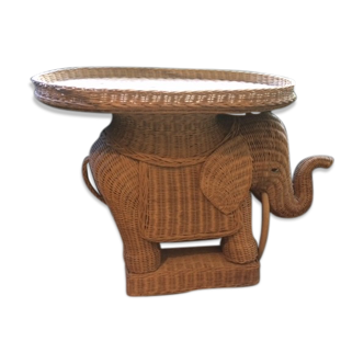 French vintage elephant side table in rattan and wicker 1960/70