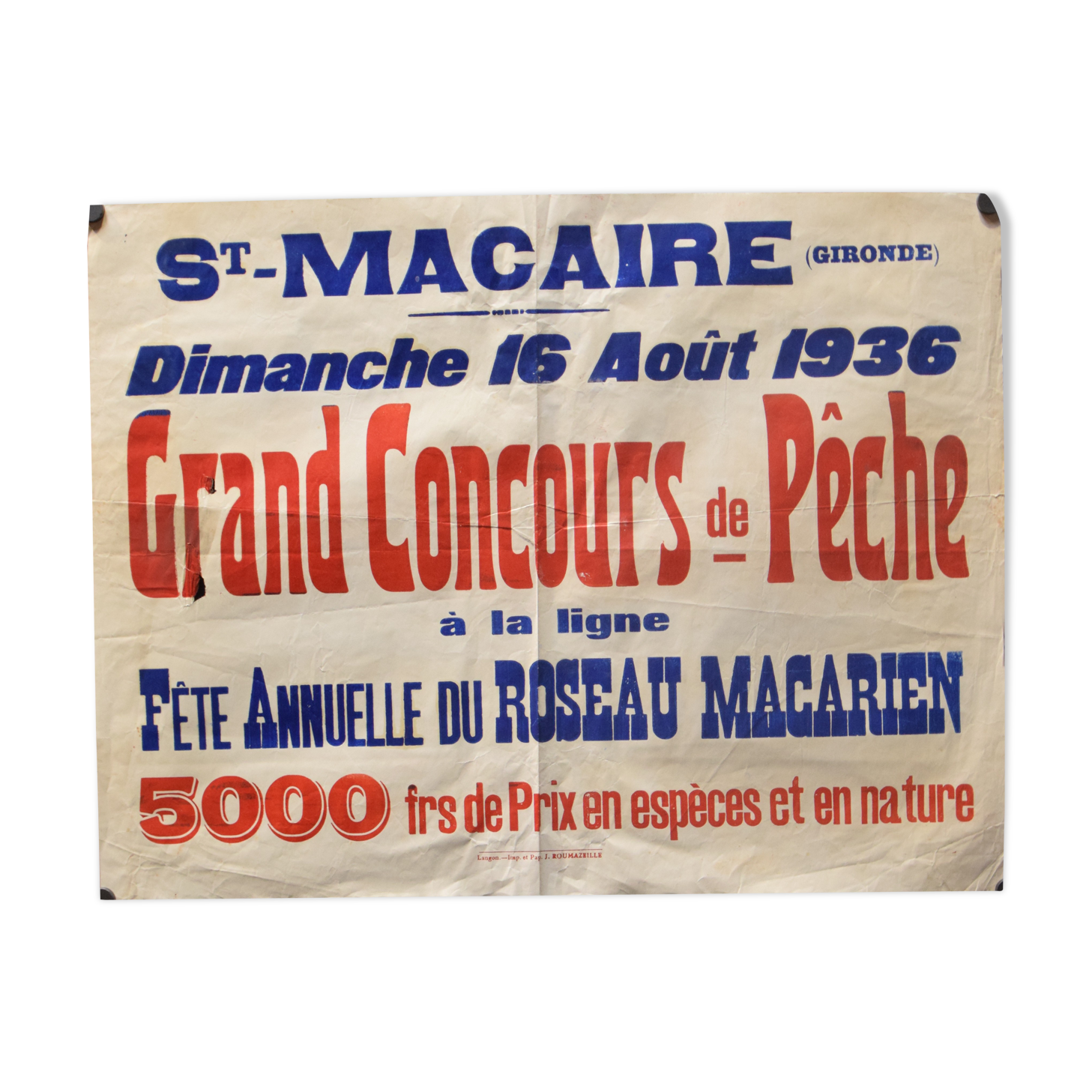Affiche "Grand Concours de Pêche" Saint-Macaire 1936