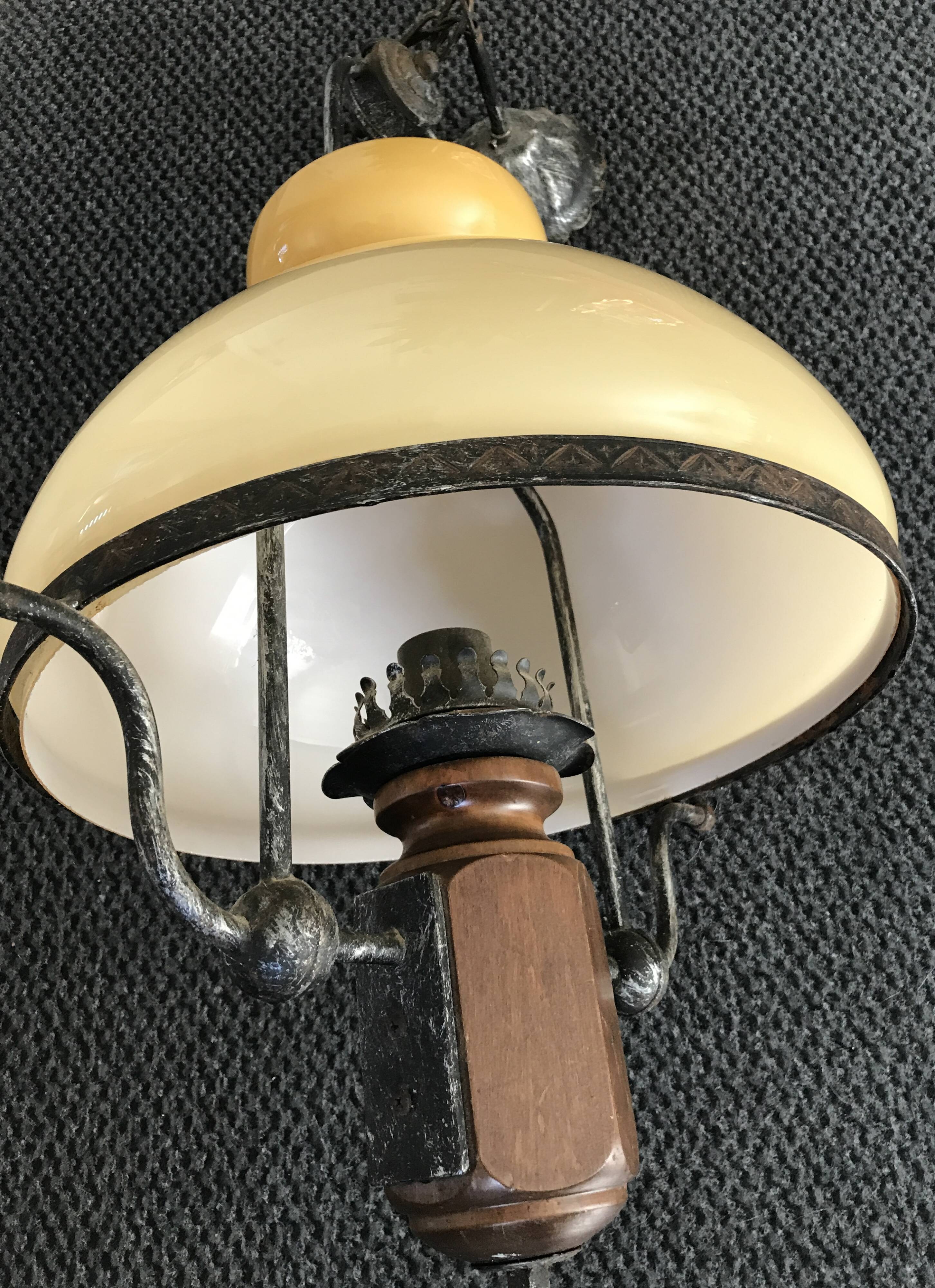 Suspension vintage wood and iron chandelier with yellow opaline lampshade