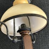 Suspension vintage wood and iron chandelier with yellow opaline lampshade