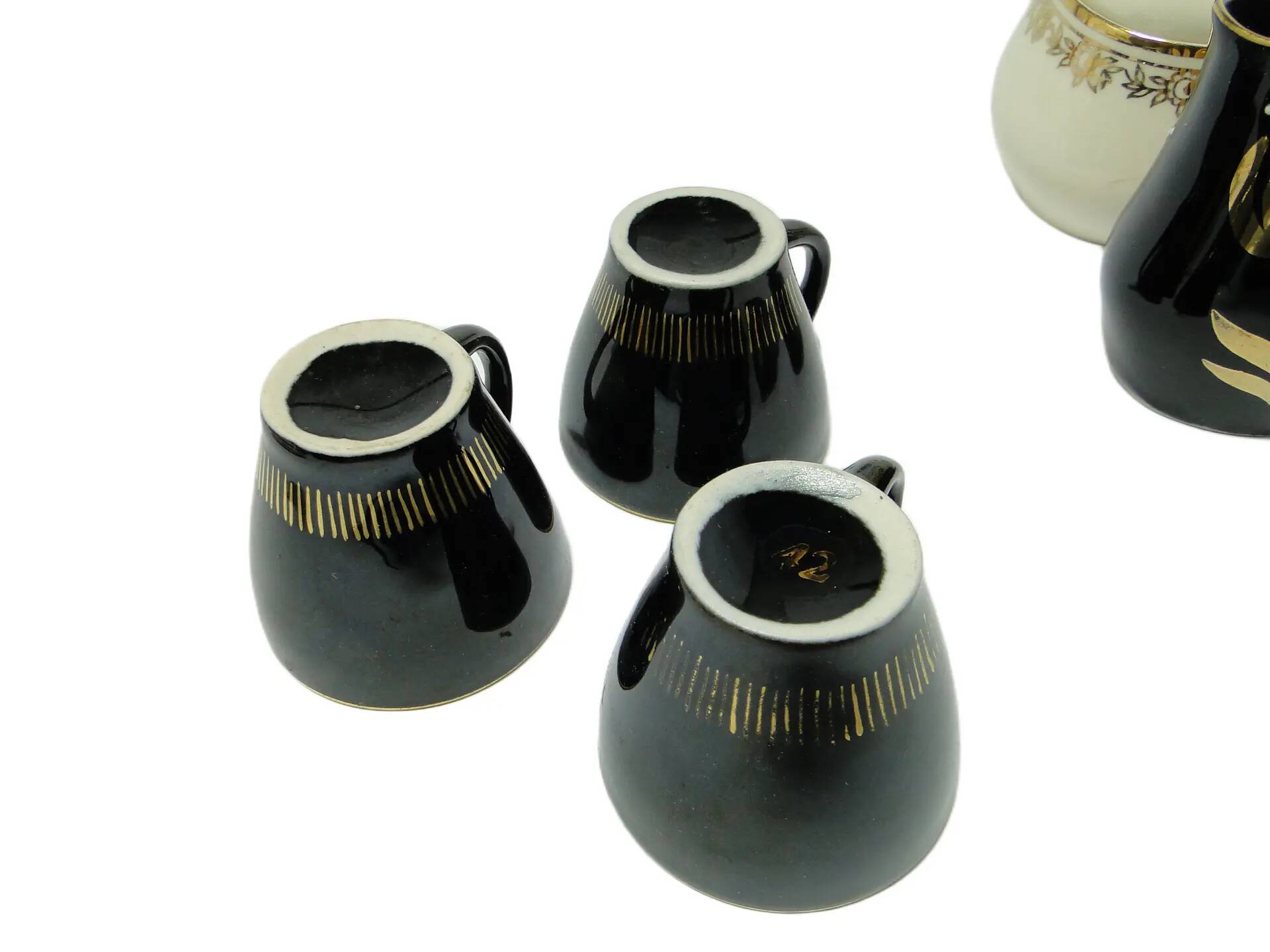 Set of three cups, mid-century modern, black ceramic, Poland, 1970s