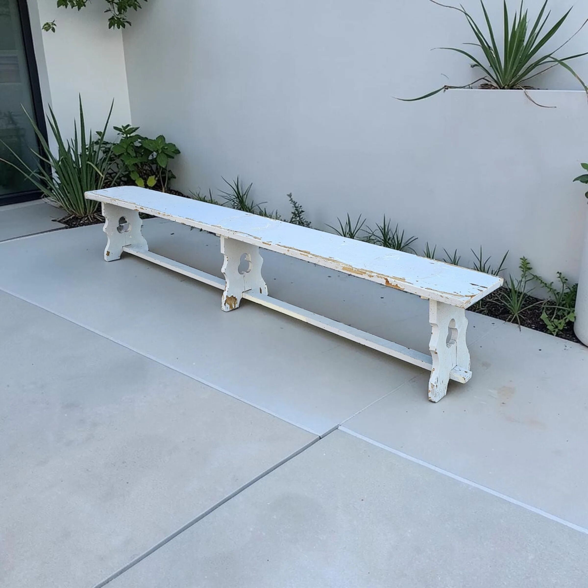 French wooden farmhouse bench / garden bench / 1960s