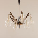 Italian mid-century Murano glass and teak chandelier attributed to Stilnovo, 1960s