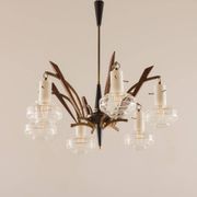 Italian mid-century Murano glass and teak chandelier attributed to Stilnovo, 1960s
