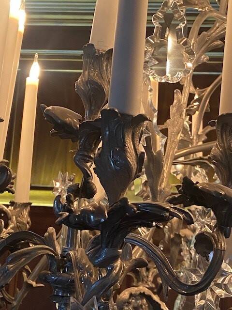 Louis XV style cage chandelier with thirty lights in silver metal