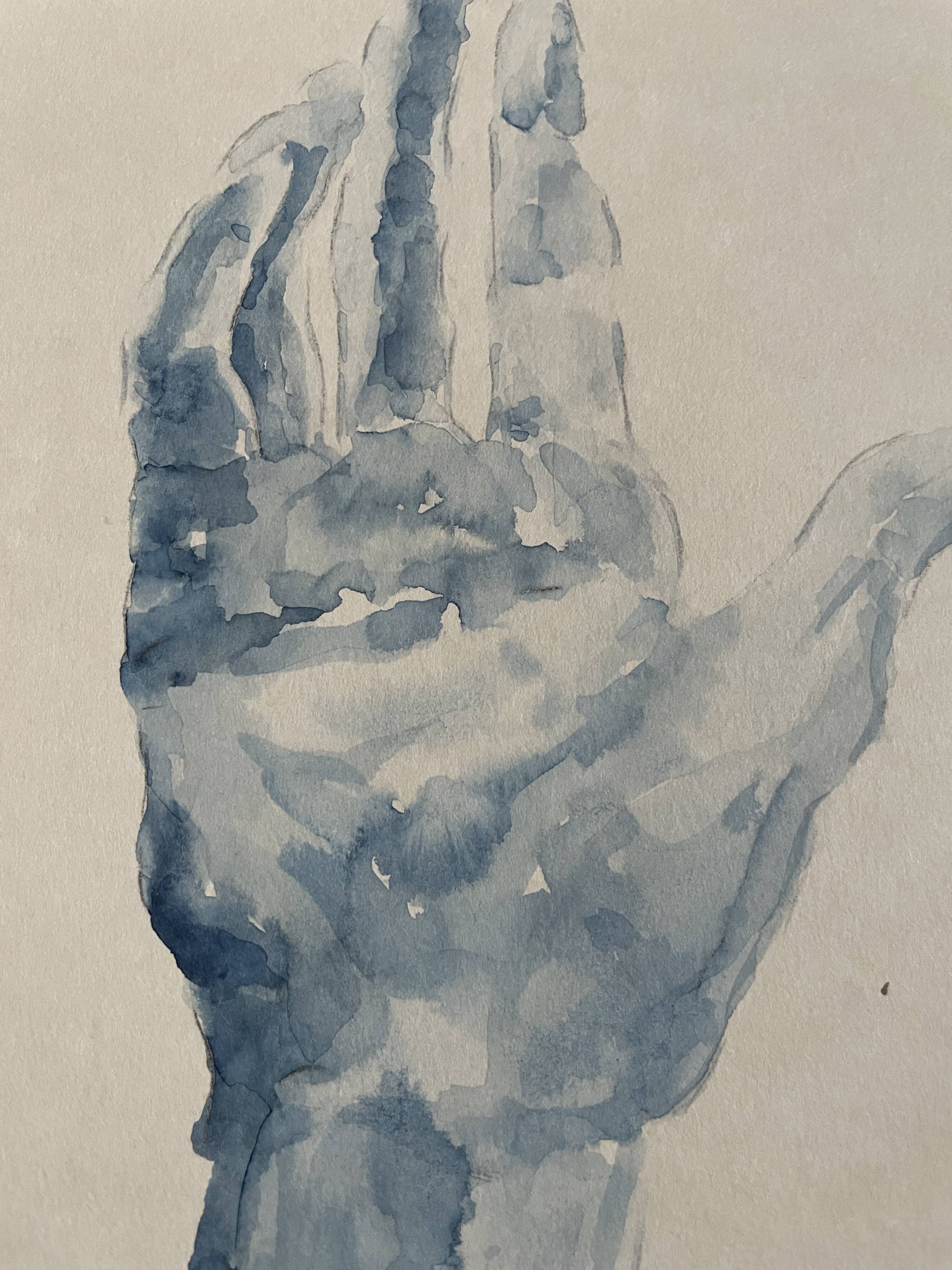 Painting signed blue monochrome watercolor study of the statue of Rodin “the hand reveals the man”