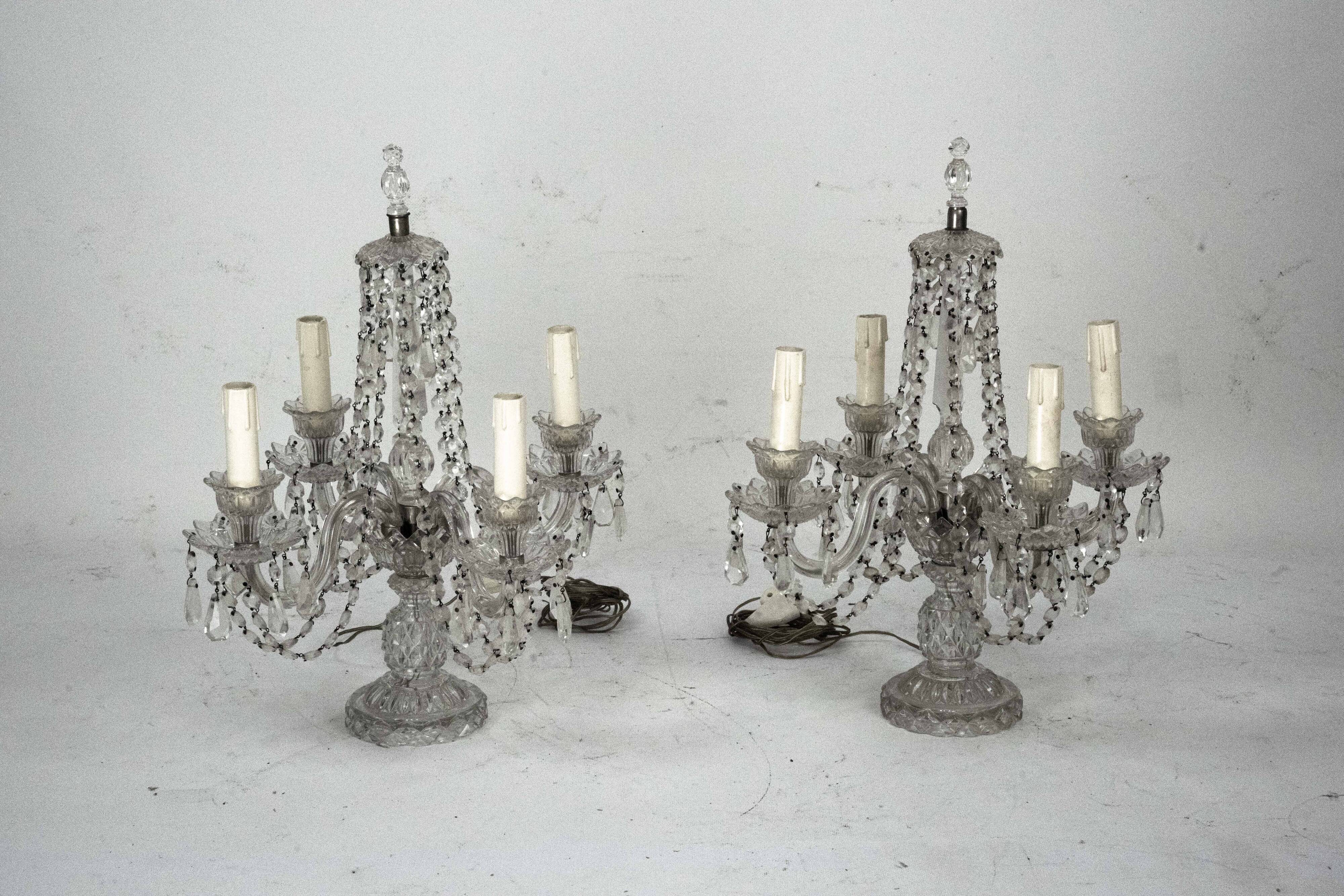 Lampes de table en cristal Maria Theresa avec candélabres. Ensemble de deux. Italie, années 1940.
