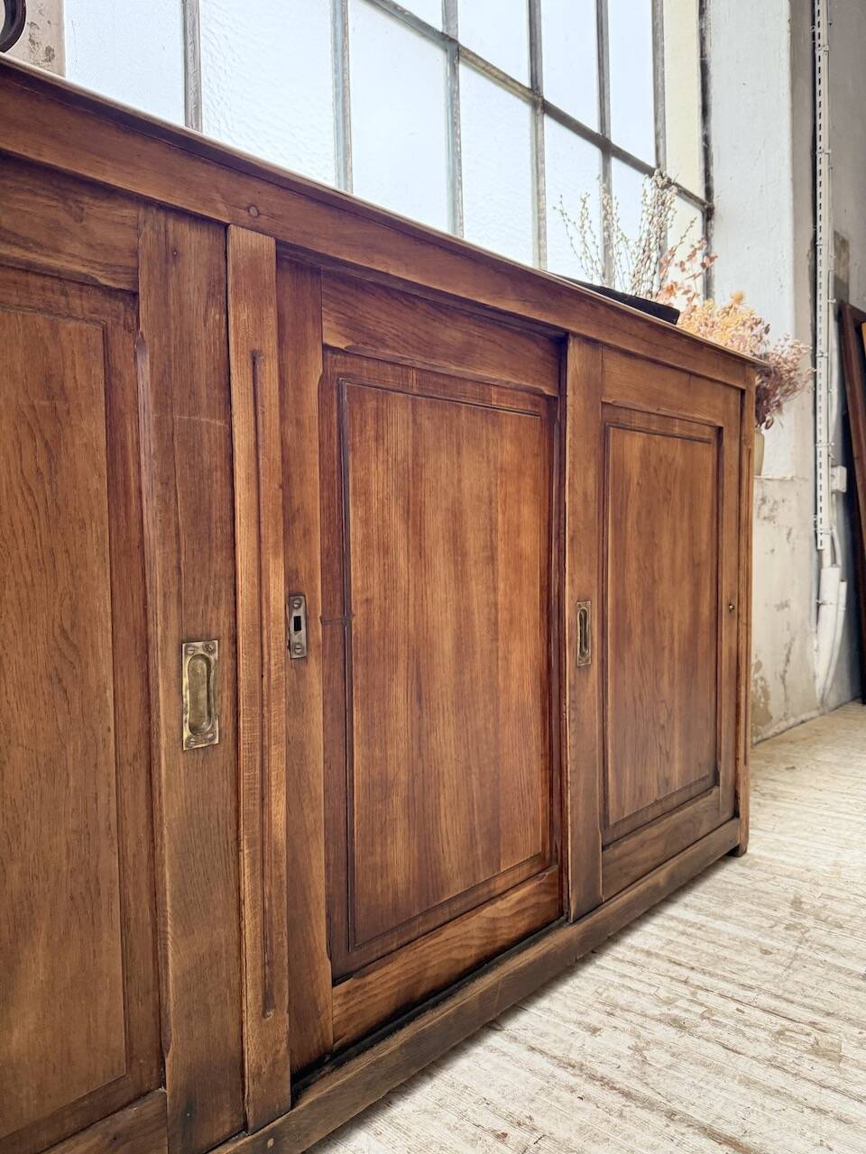 XL oak workshop sideboard with sliding doors from 1900