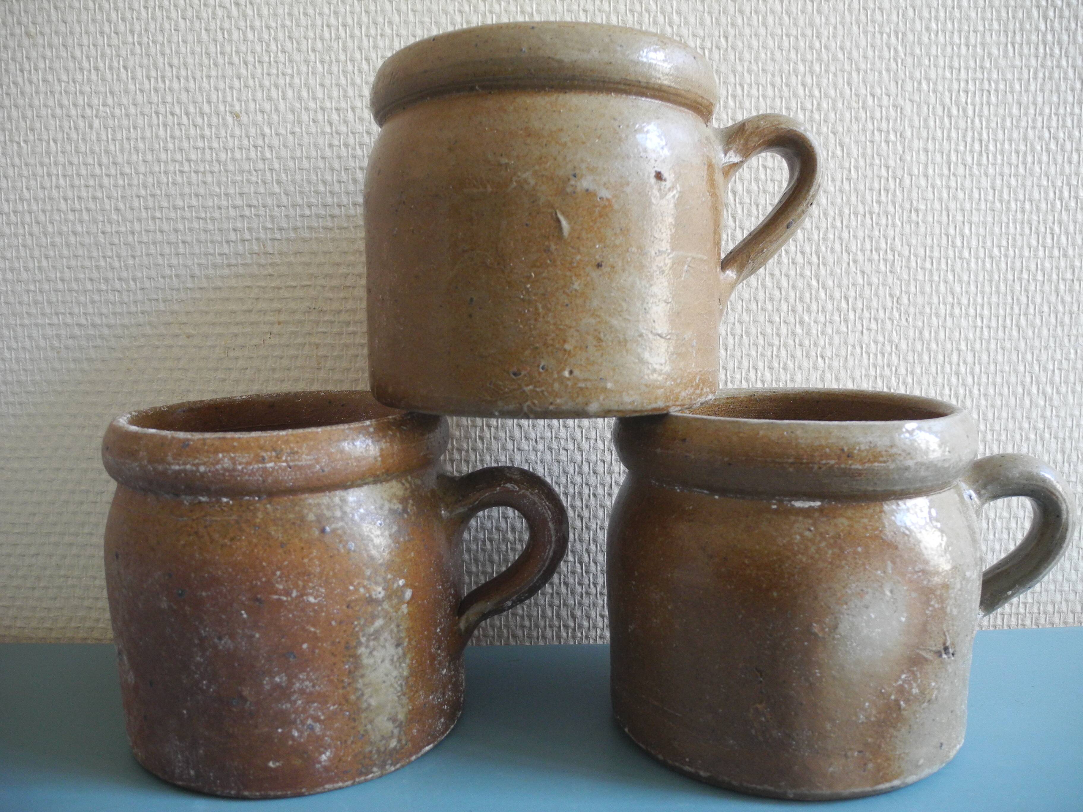 Lot of antique rustic stoneware pots, old French stoneware pots