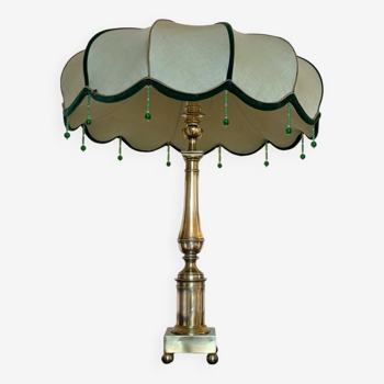 1950s brass and silk Celadon column lamp