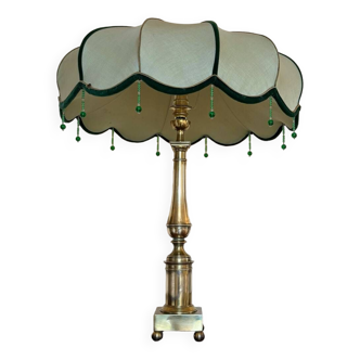 Lampe colonne laiton et soie céladon années 50