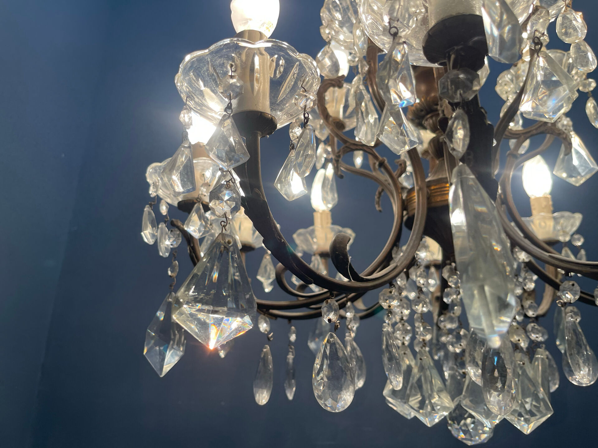 Vintage Bronze & Crystal Chandelier, 15 Lights, 1950s