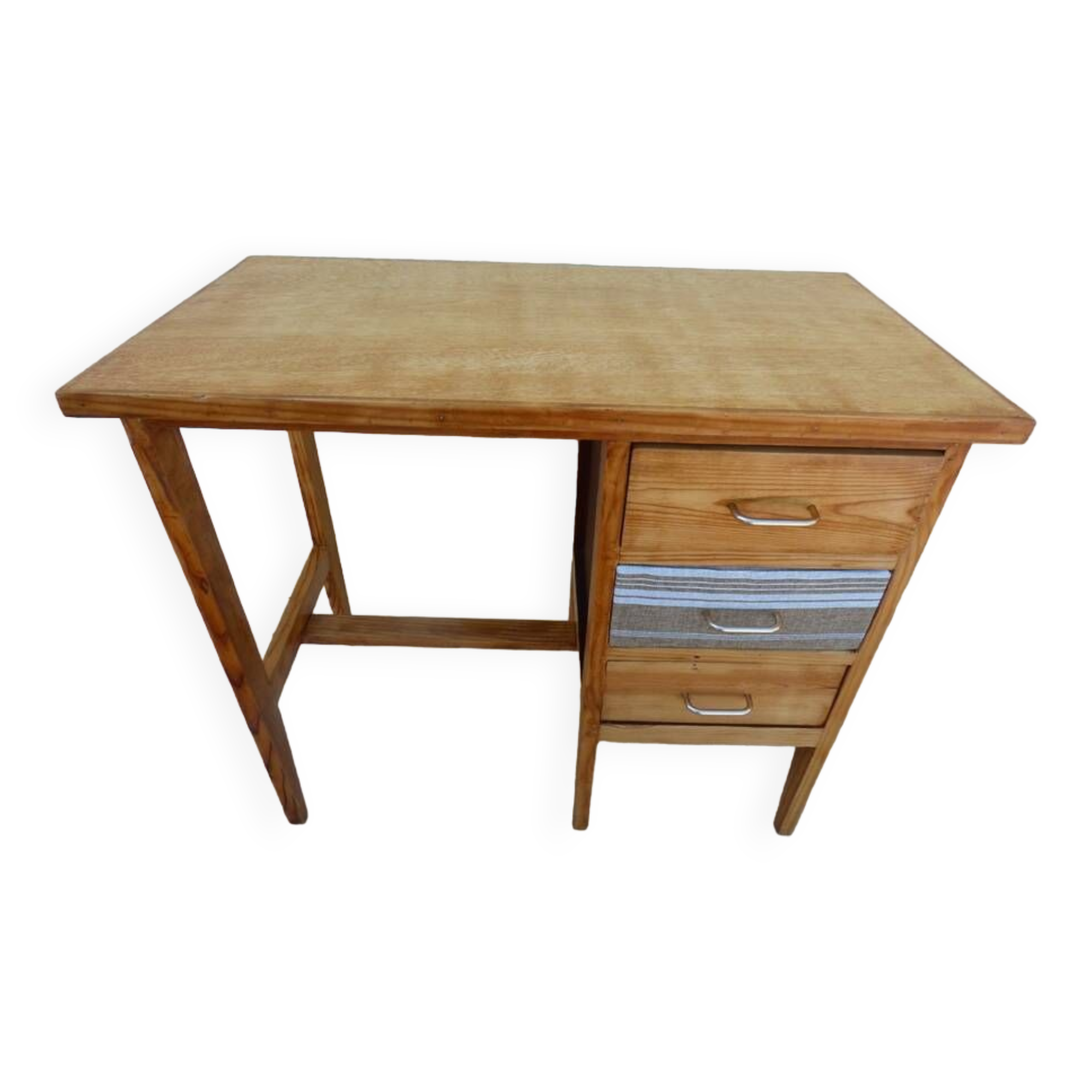 Bureau 3 tiroirs en bois et toile de lin –Totalement restauré
