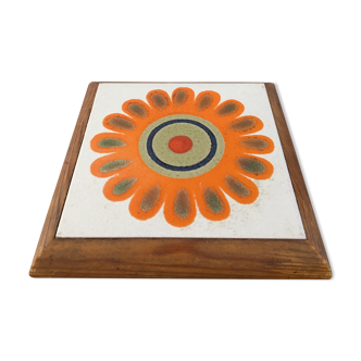 Ancien dessous de plat carrelage fleur orange vintage année 70