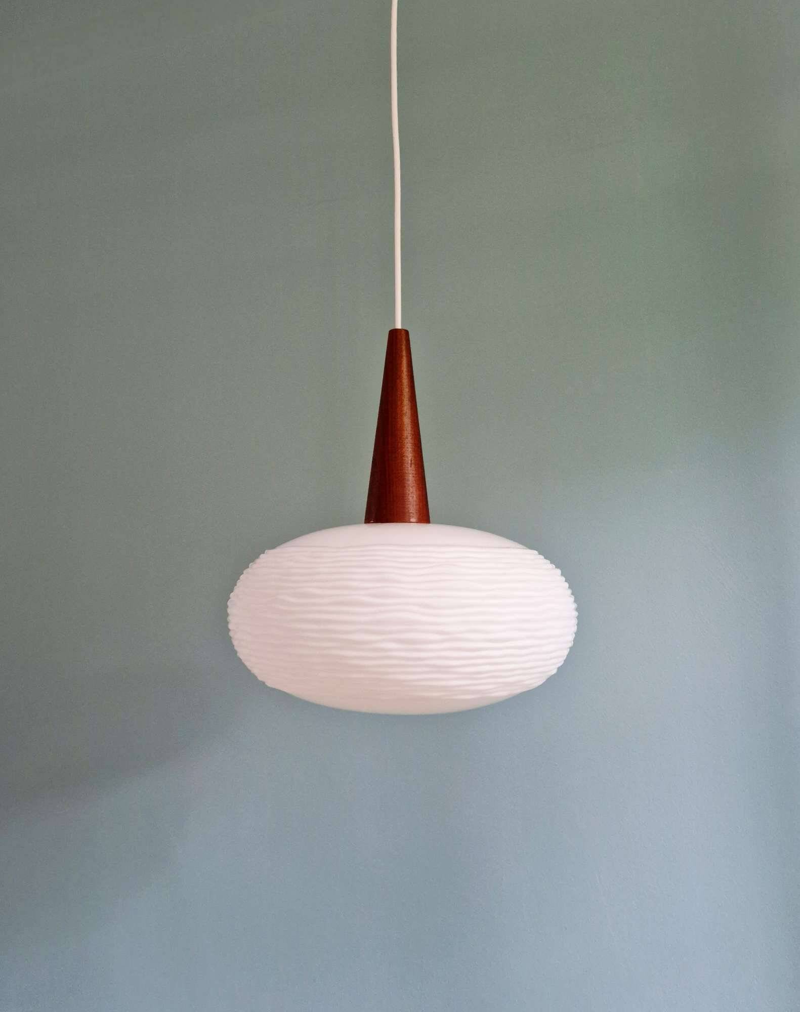 White opaline and teak pendant light, Scandinavian style, 1960s