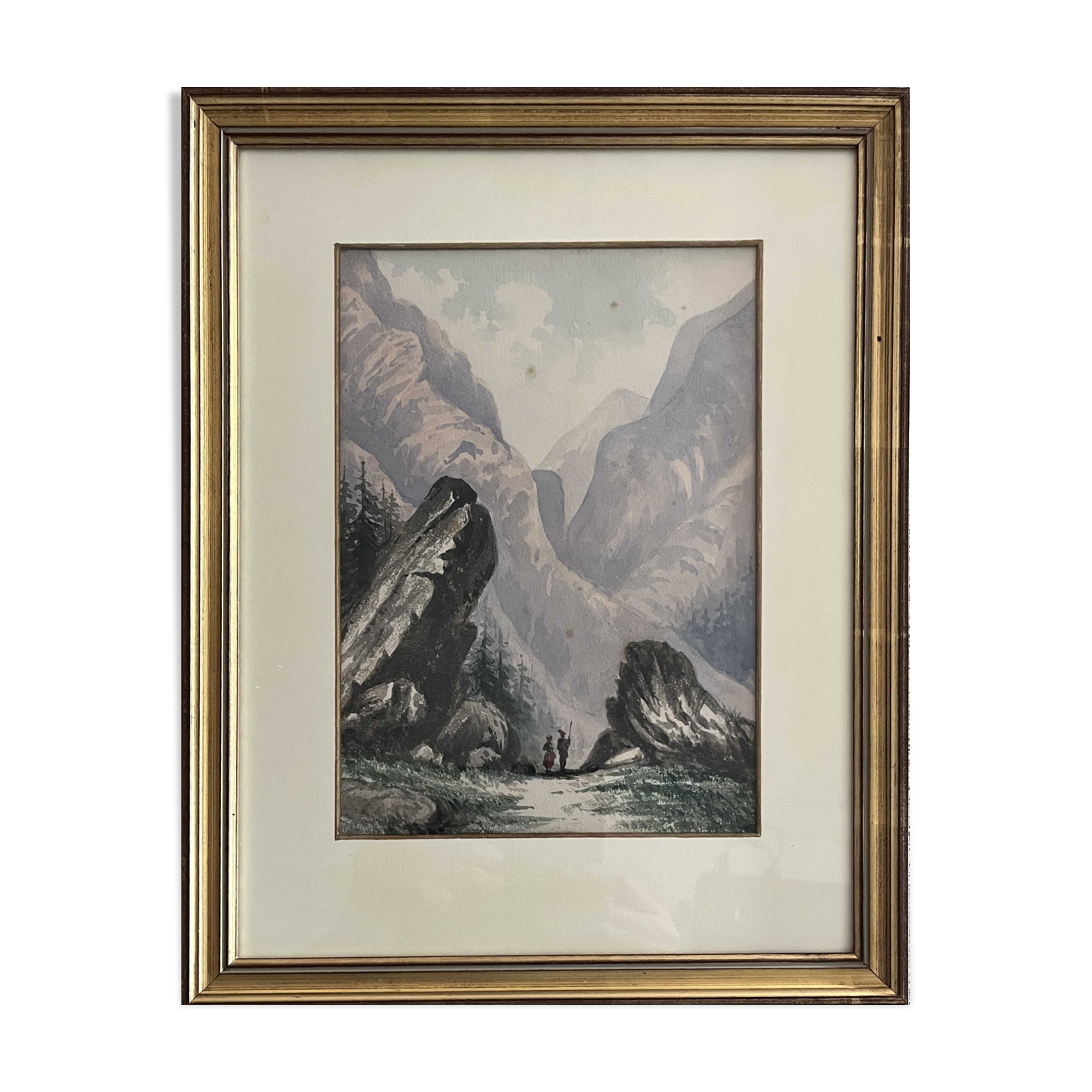 Tableau aquarelle originale encadrée "Paysage de montagne animé"