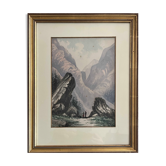Tableau aquarelle originale encadrée "Paysage de montagne animé"